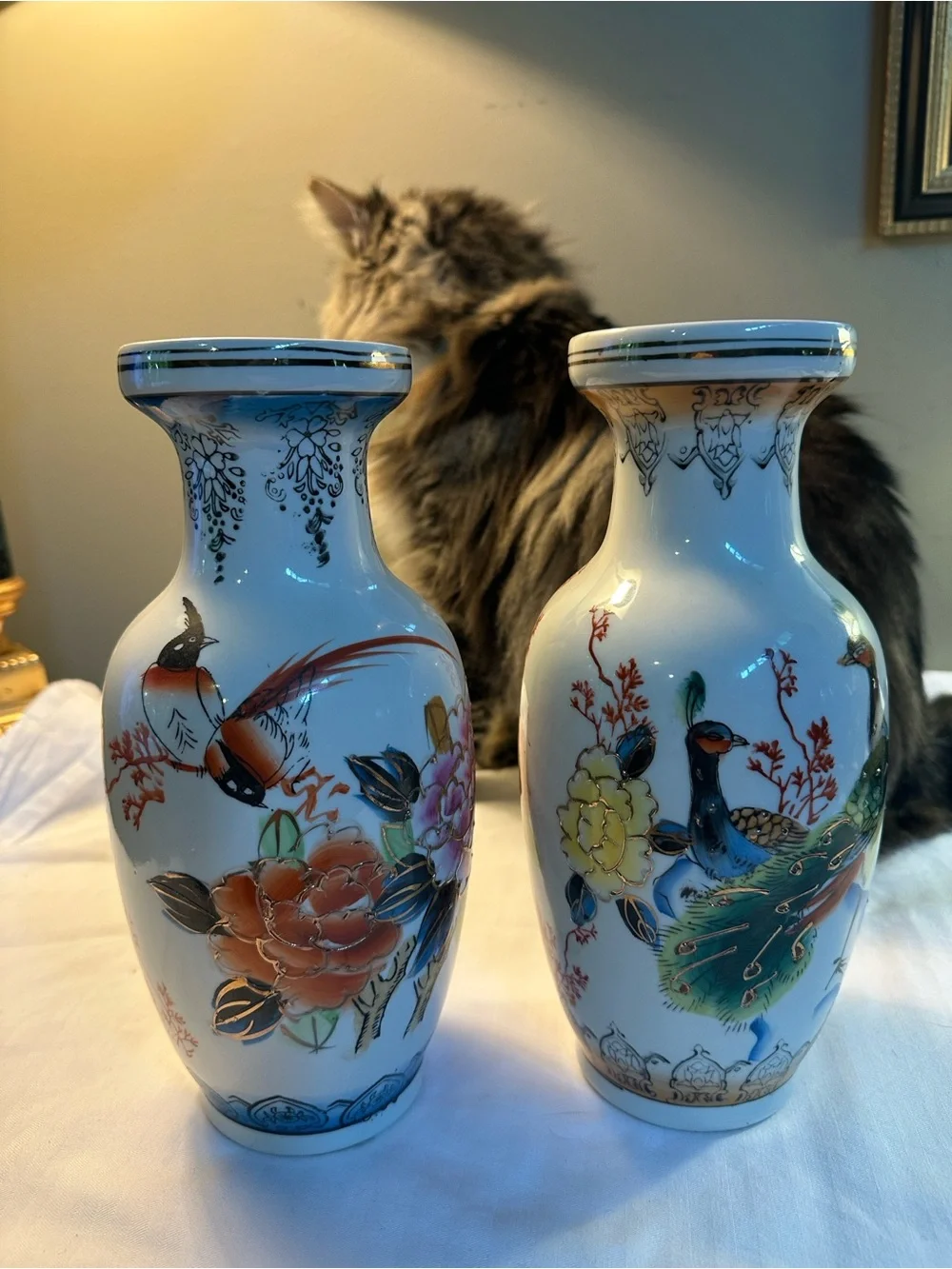 Decorative Chin Porcelain Floral & Bird Vases in White and Multicolor - Set of 2